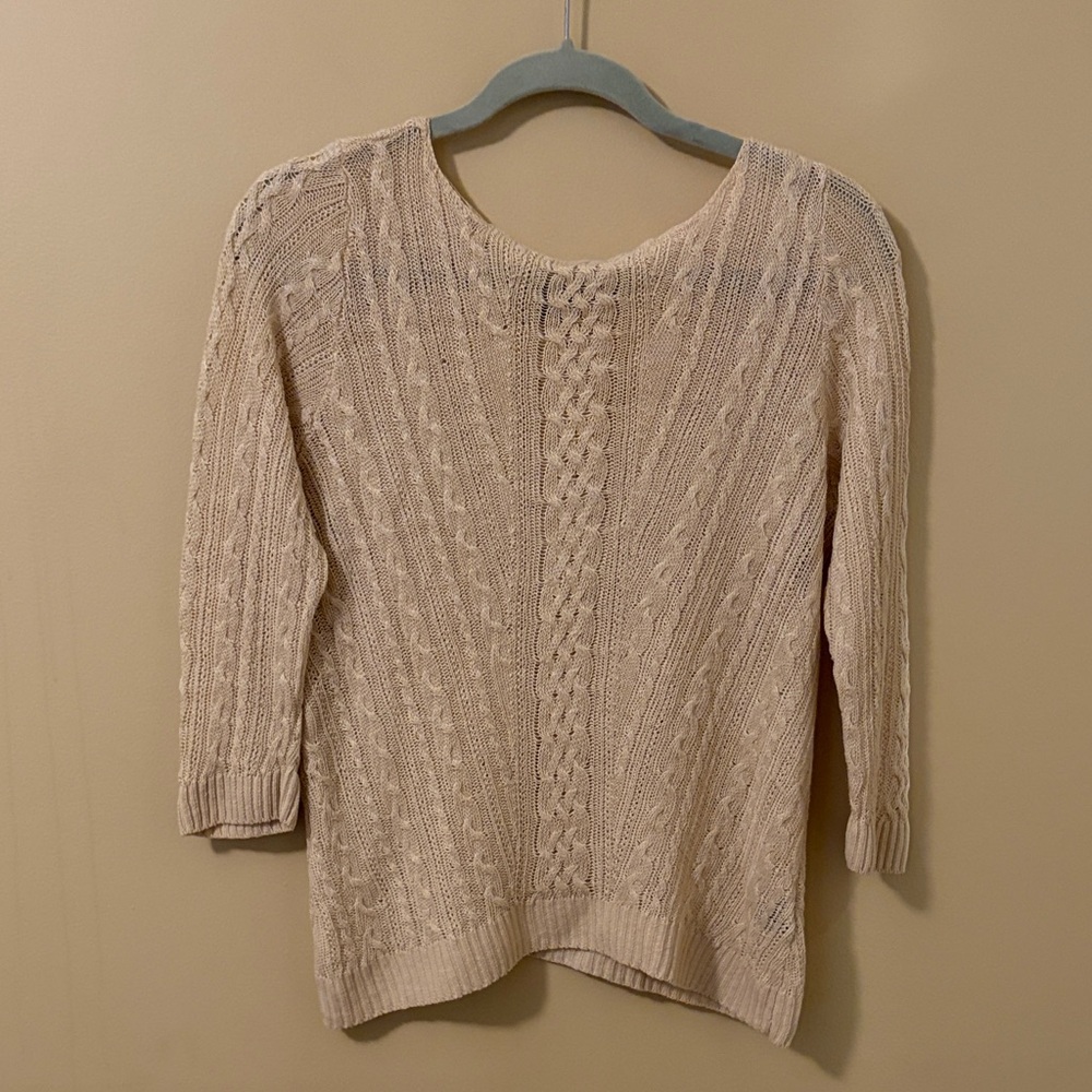 Ralph Lauren Cream/Tan Cable-Knit Scoop Neck Linen Sweater